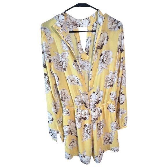 Lila Rose Romper Size 4 Yellow Floral Long Sleeve Keyhole Elastic Waist Pockets - Picture 4 of 9